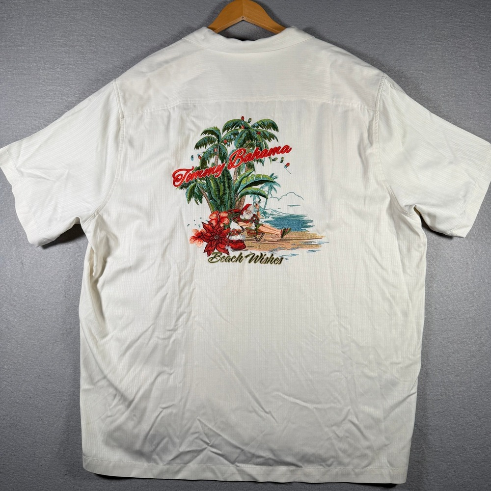 Tommy Bahama Mens XXXL Silk Camp Shirt Cream Beach Wishes Santa Christmas 13534